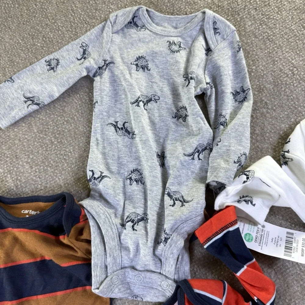 Carters Long Sleeve Bodysuits 4 Pack NWT Size 3 Months Dinos & Stripes